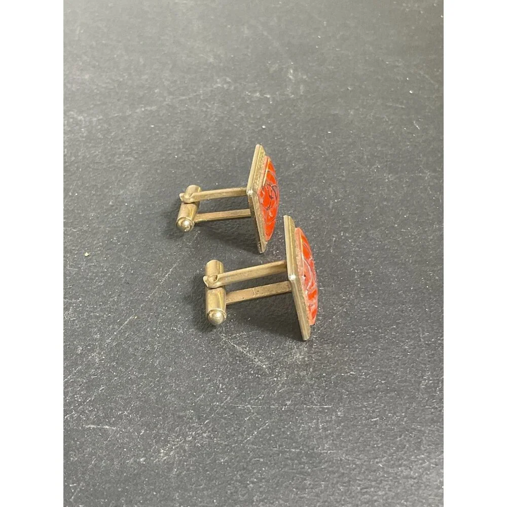 Vintage Gold Tone & Red Enamel Square Cufflinks With Knotted Design